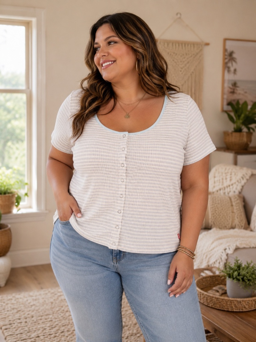 Levi’s Plus Size 4X Ribbed Henley Tee | Soft Blue Stripe Casual Top